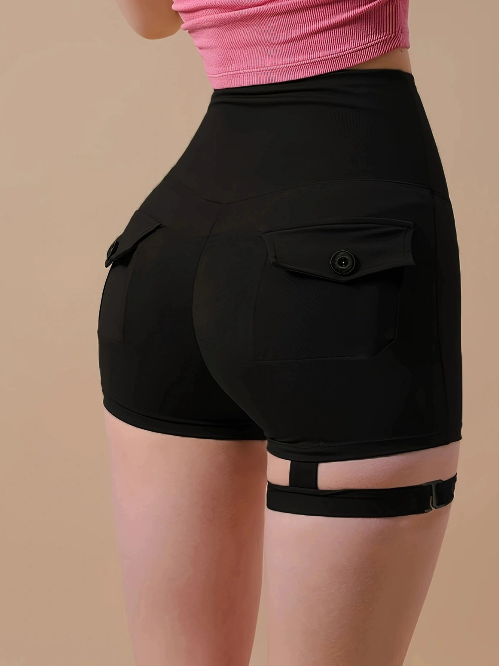 ZARA Womens Cargo Pocket Butt Lifting Tight Yoga Shorts Leg Bands Peach Booty